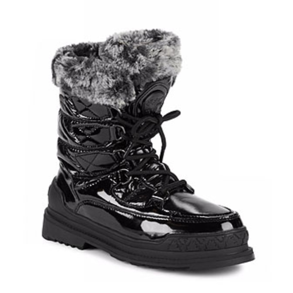 Pajar Black Patent Winter Boot with Gray Faux Fur Cuff
